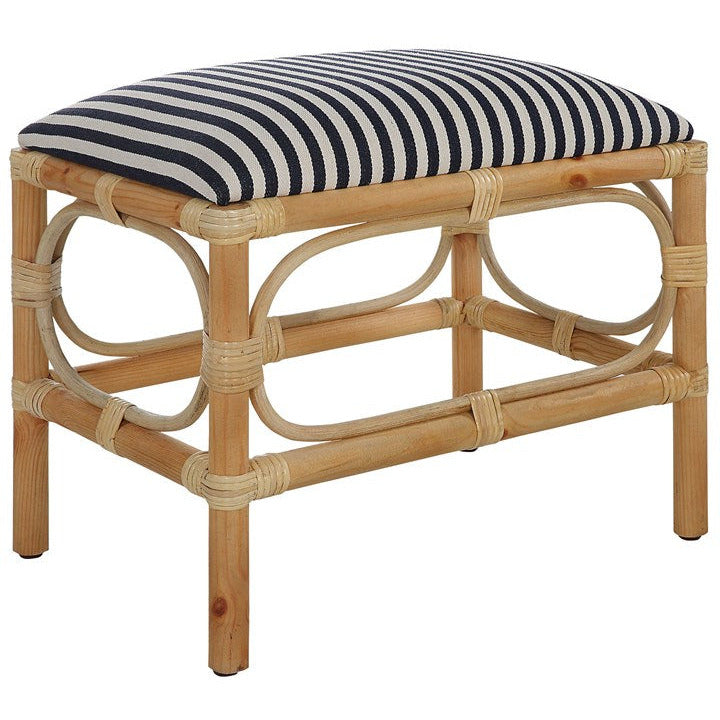 Uttermost Laguna Blue & White Stripe Fabric Seat Cushion Rattan Wrapped Coastal Small Bench