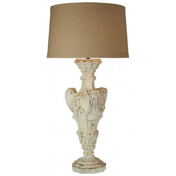 Provence Home Distressed Cream Carved Wood Table Lamp With Linen Shade