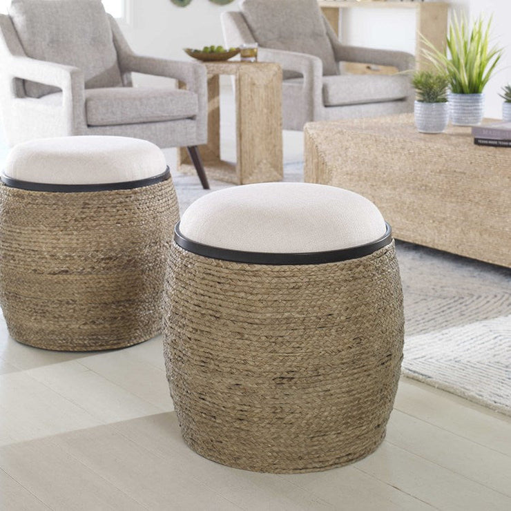 Uttermost Island Light Beige Cushion Seat Coastal Braided Straw Round Accent Stool