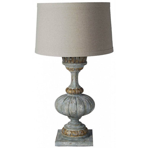 Provence Home Antiqued French Blue & Gold Carved Wood Table Lamp With Linen Shade