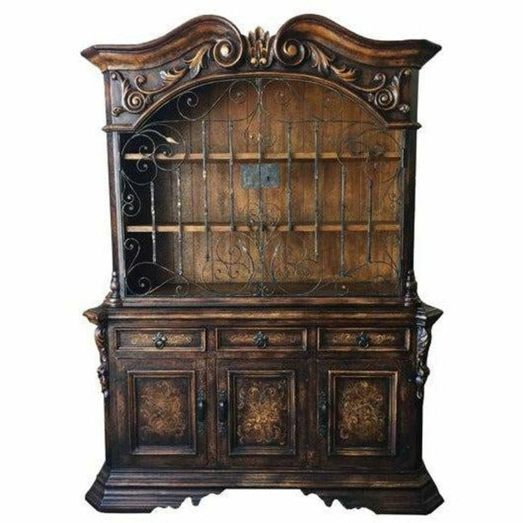Casa Bonita Peruvian Hand-Painted Carved Wood and Hand Forged Iron Rose Hutch