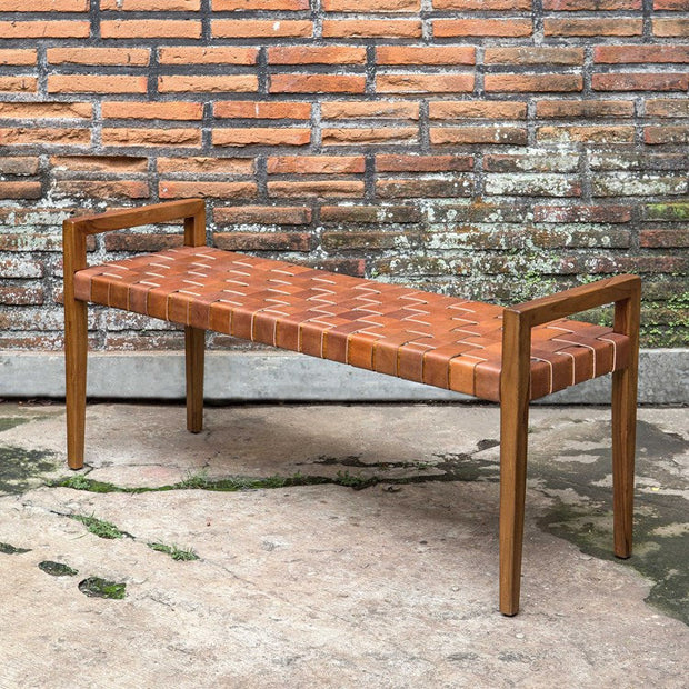 Uttermost Plait Cognac Leather Basket Weave Mid Century Modern Wood Bench
