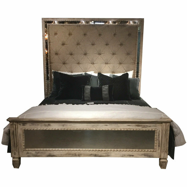 Casa Bonita Peruvian Hand-Painted Carved Wood Antiqued Mirror and Tufted Linen Madeleine King Size Bed