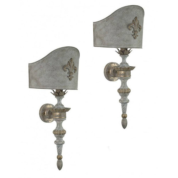 Provence Home Set of 2 Distressed French Grey & Gold Carved Wood Antiqued Metal Wall Sconces