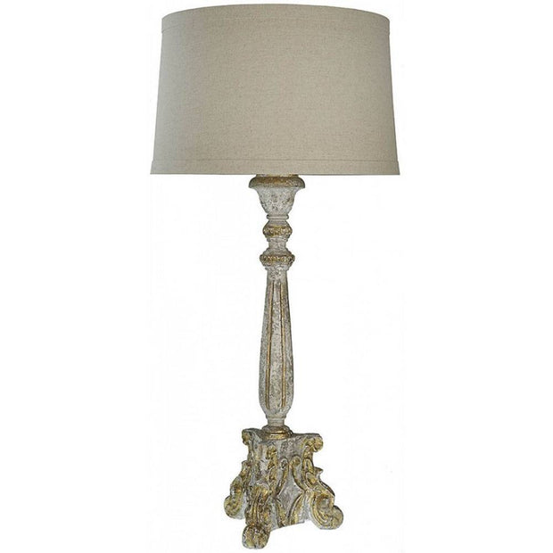 Provence Home Distressed Antiqued Carved Wood Table Lamp With Linen Shade
