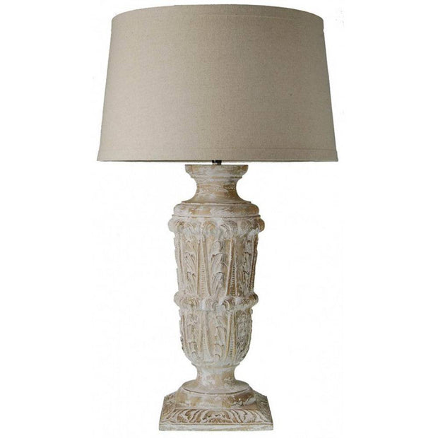 Provence Home Distressed Antiqued White Carved Wood Table Lamp With Linen Shade