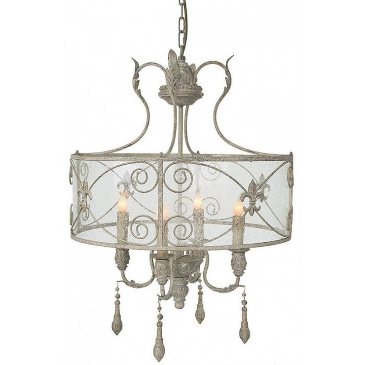 Provence Home Distressed French Grey Carved Wood Antiqued Metal ChandelierWith Seeded Glass Panels