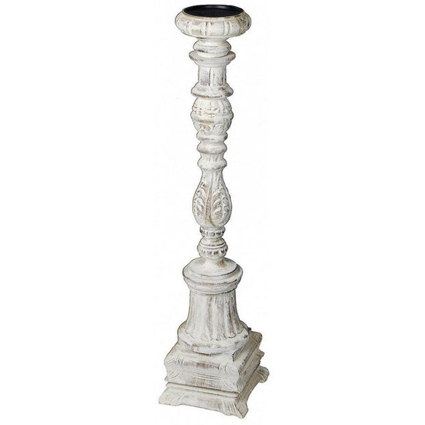Provence Home Distressed White Antiqued Carved Wood Candle Holder