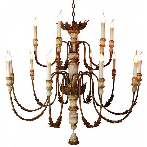 Provence Home Distressed Aged Grey & Gold Carved Wood Antiqued Metal 12 Arm Chandelier