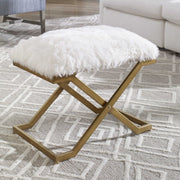 Uttermost Farran White Faux Fur Seat Antiqued Gold Iron Small Bench