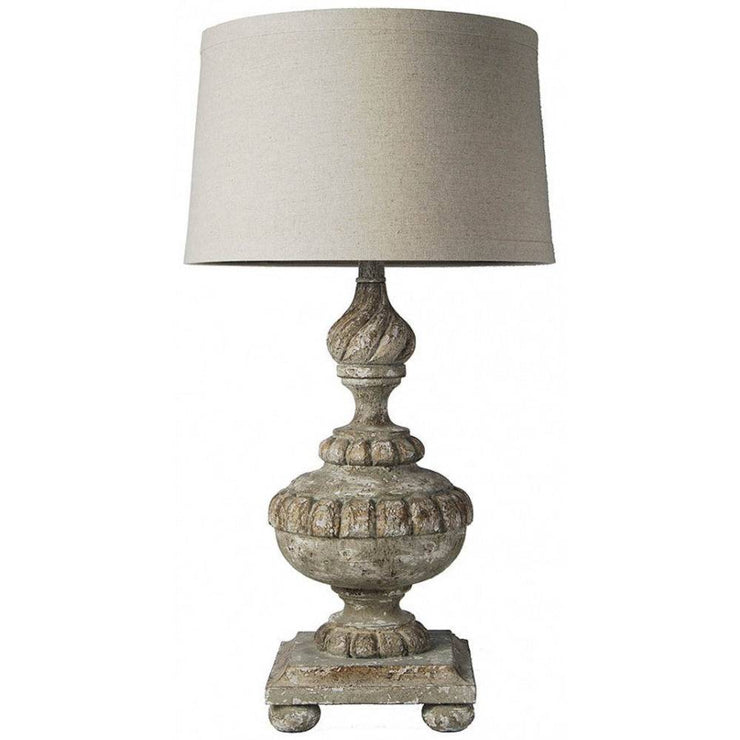 Provence Home Antiqued French Grey, Green & Gold Carved Wood Table Lamp With Linen Shade