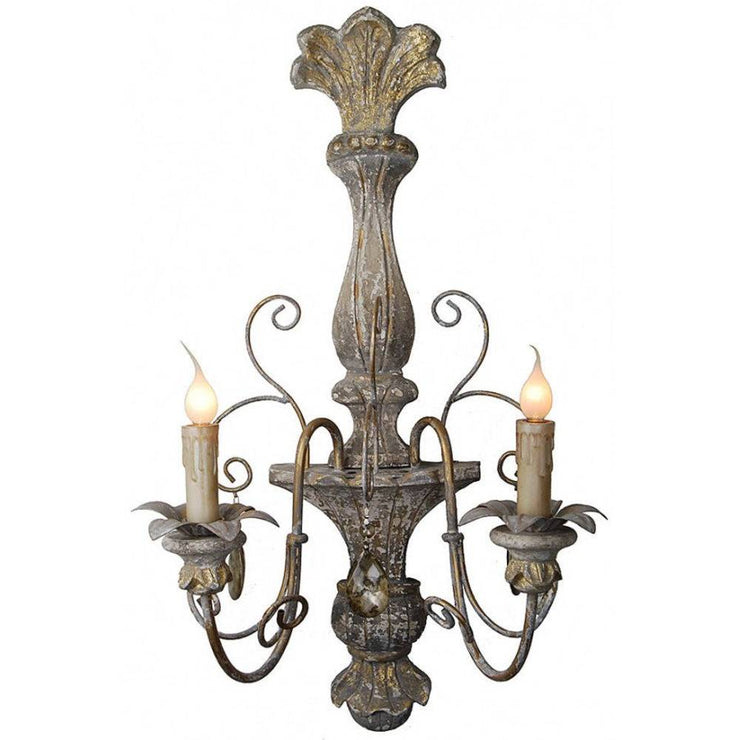 Provence Home Set of 2 Distressed Grey & Gold Carved Wood Antiqued Metal Wall Sconces