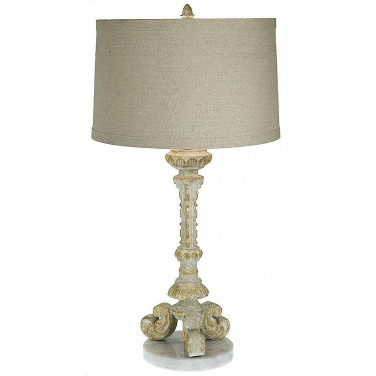 Provence Home Antiqued French Blue, Grey & Gold Carved Wood Table Lamp Marble Base With Linen Shade