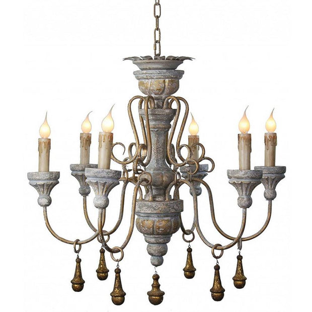 Provence Home Distressed French Blue, Grey & Gold Carved Wood Antiqued Metal 6 Arm Chandelier