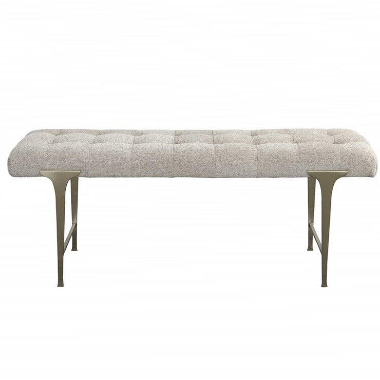Uttermost Imperial Gray Woven Tufted Upholstered Seat Champagne Iron Bench
