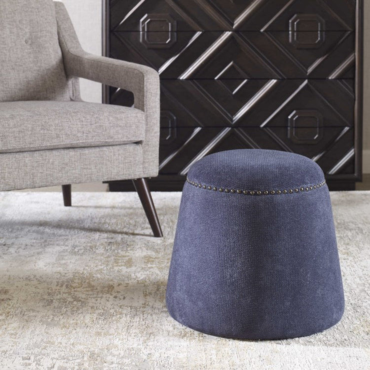 Uttermost Gumdrop Plush Denim Blue Chenille Round Ottoman