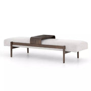 Four Hands Fawkes Bench with Sliding Wood Tray ~ Brunswick Pebble Upholstered Fabric