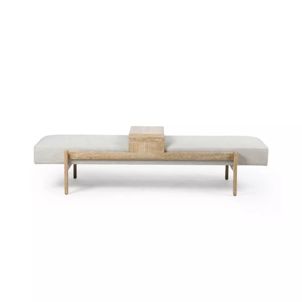 Four Hands Fawkes Bench with Sliding Wood Tray ~ Savoy Parchment Upholstered Fabric