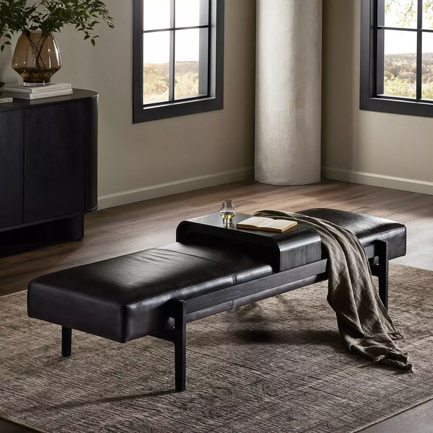 Four Hands Fawkes Bench With Sliding Wood Tray ~ Sonoma Black Top Grain Leather