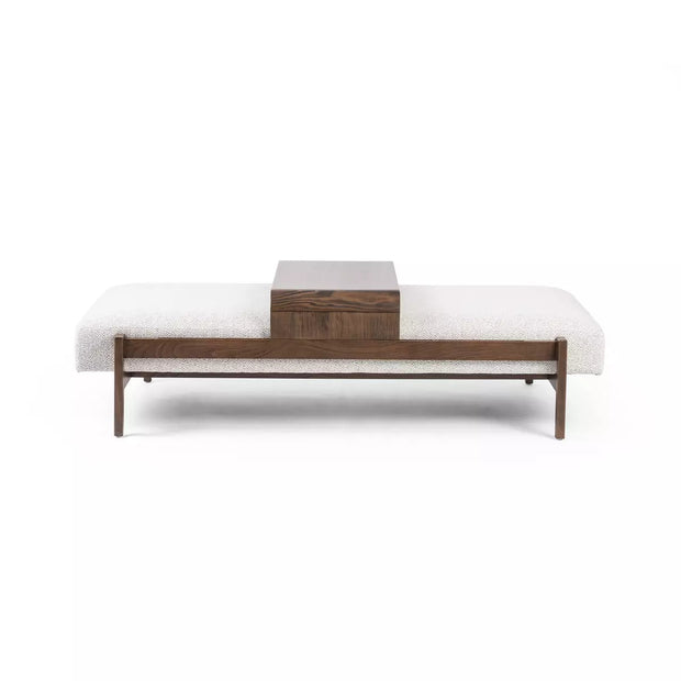 Four Hands Fawkes Rectangle Ottoman With Sliding Wood Tray ~ Brunswick Pebble Upholstered  Performance Fabric