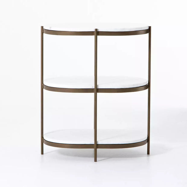 Four Hands Felix Oval Nightstand ~ Antique Brass Finished Iron With Polished White Marble