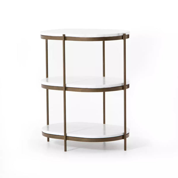 Four Hands Felix Oval Nightstand ~ Antique Brass Finished Iron With Polished White Marble