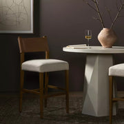 Four Hands Ferris Bar Stool ~ Thames Cream Performance Fabric Seat With Winchester Beige Leather Back