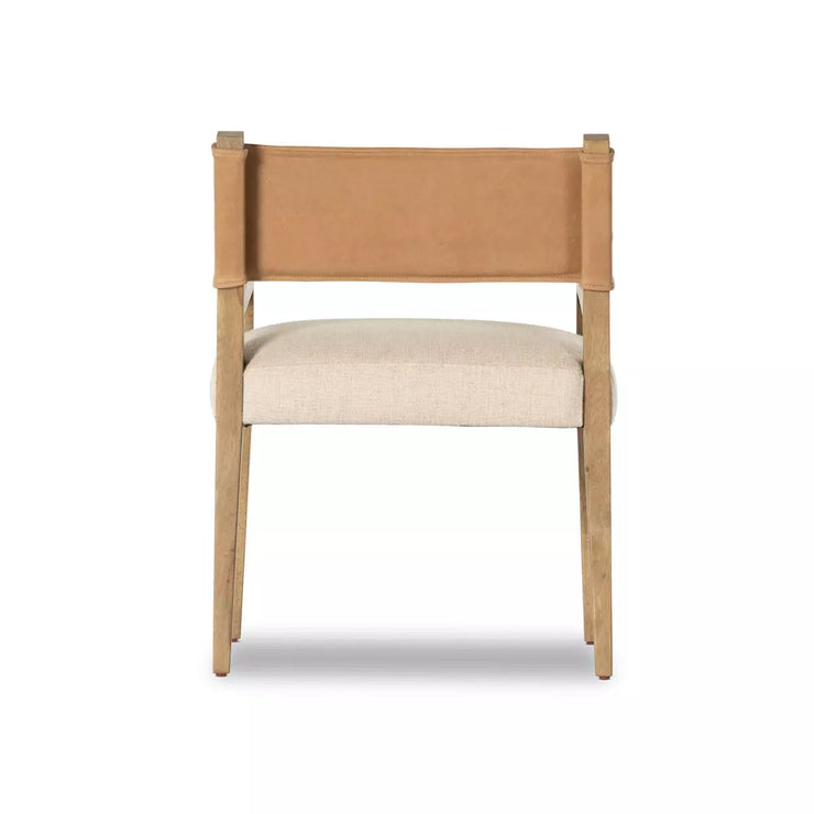 Four Hands Ferris Dining Armchair ~ Thames Cream Performance Fabric Seat Winchester Beige Leather Back