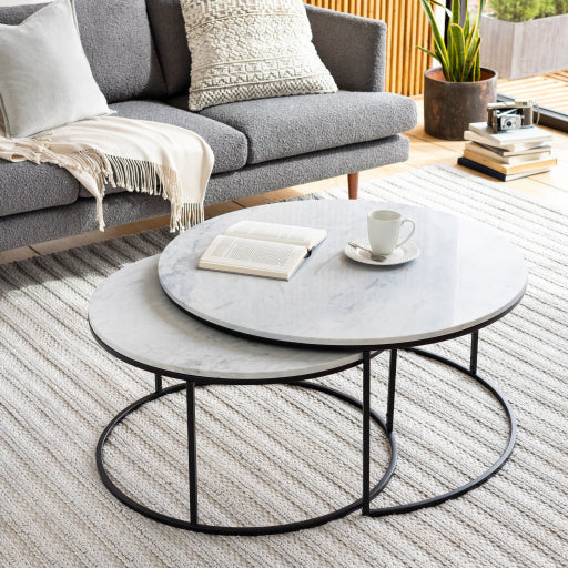 Surya Hearthstone Modern White Marble With Black Base Round Nesting Coffee Tables HTS-005