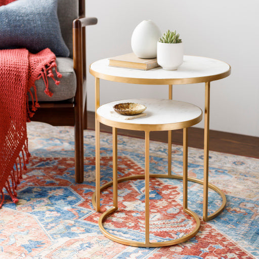 Surya Hearthstone Modern Marble Top With Gold Metal Base Set of 2 Nesting Accent Side Tables HTS-007