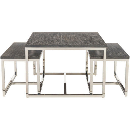 Surya Morwell Modern Black Top With Metallic Silver Stainless Steel Base Nesting Accent Side Tables MOW-001