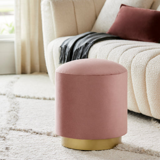 Surya Roxeanne Modern Pastel Pink Velvet Round Pouf Ottoman With Gold Base RON-010