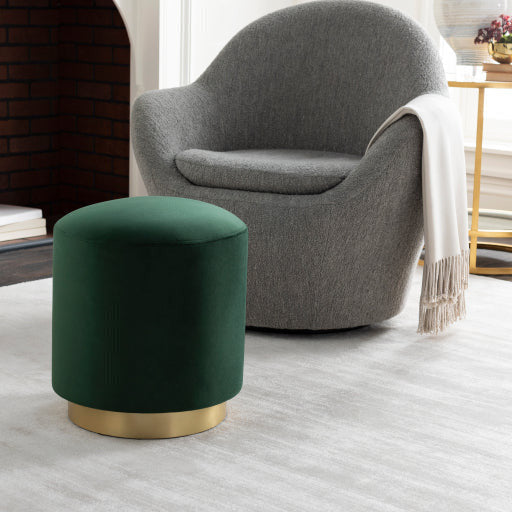 Surya Roxeanne Modern Dark Green Velvet Round Pouf Ottoman With Gold Base RON-006