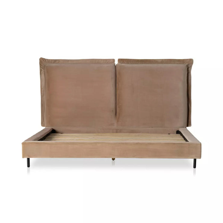Four Hands Inwood Cushioned Headboard Low Profile Bed ~ Surrey Taupe Upholstered Performance Fabric Queen Size Bed