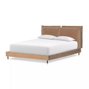 Four Hands Inwood Cushioned Headboard Low Profile Bed ~ Surrey Taupe Upholstered Performance Fabric Queen Size Bed