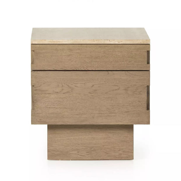 Four Hands Jaylen Plinth Base Nightstand ~ Yucca Oak Wood Finish With Travertine Top