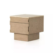 Four Hands Jaylen Plinth Base Nightstand ~ Yucca Oak Wood Finish With Travertine Top