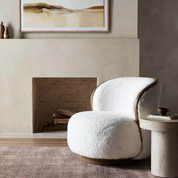 Four Hands Kittridge Swivel Chair ~ Ivory Angora Faux Sheepskin Upholstered Fabric
