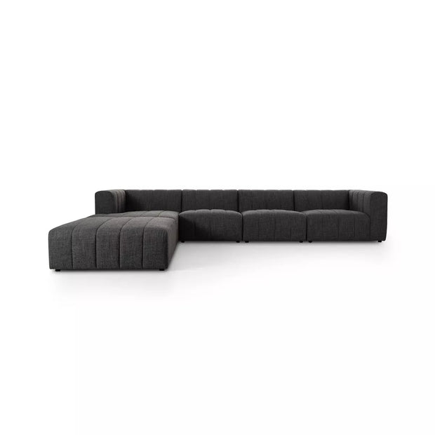 Four Hands Langham Channeled 4 Piece Left Chaise Sectional with Ottoman ~  Saxon Charcoal Upholstered Fabric