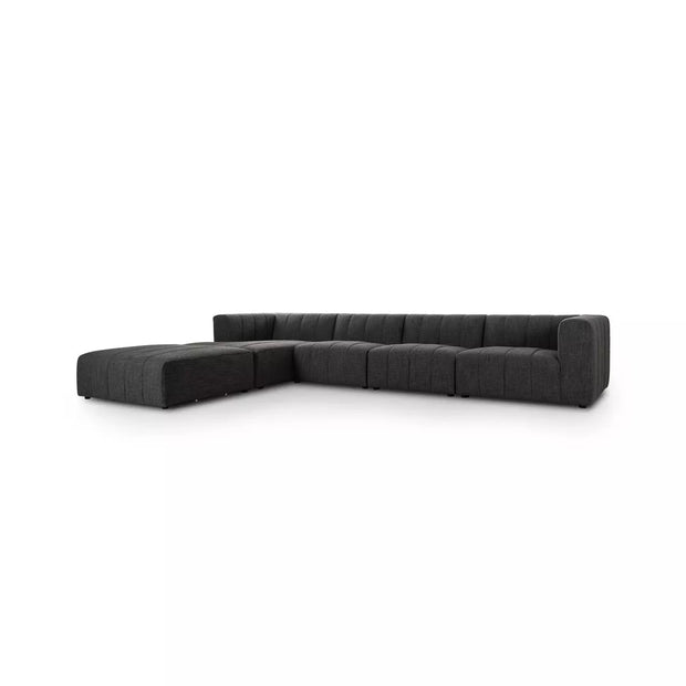 Four Hands Langham Channeled 4 Piece Left Chaise Sectional with Ottoman ~  Saxon Charcoal Upholstered Fabric