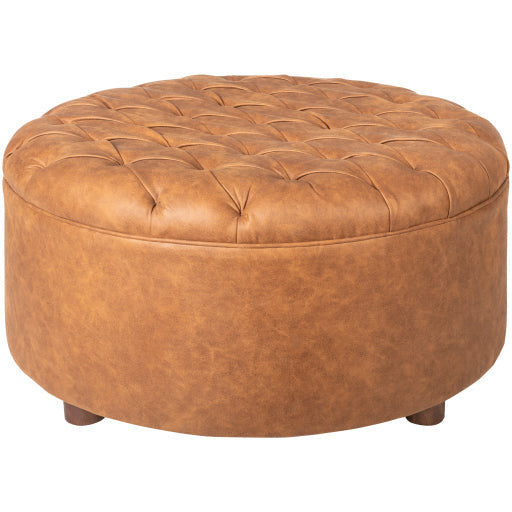 Surya Newberg Modern Rustic Faux Brown Leather Round Tufted Ottoman MEF-001