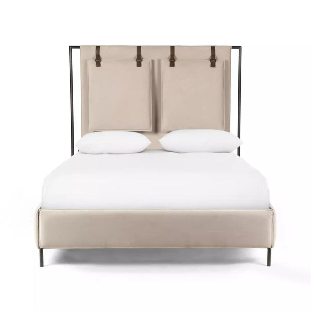 Four Hands Leigh Upholstered Bed ~ Modern Velvet Sand Fabric Queen Size Bed