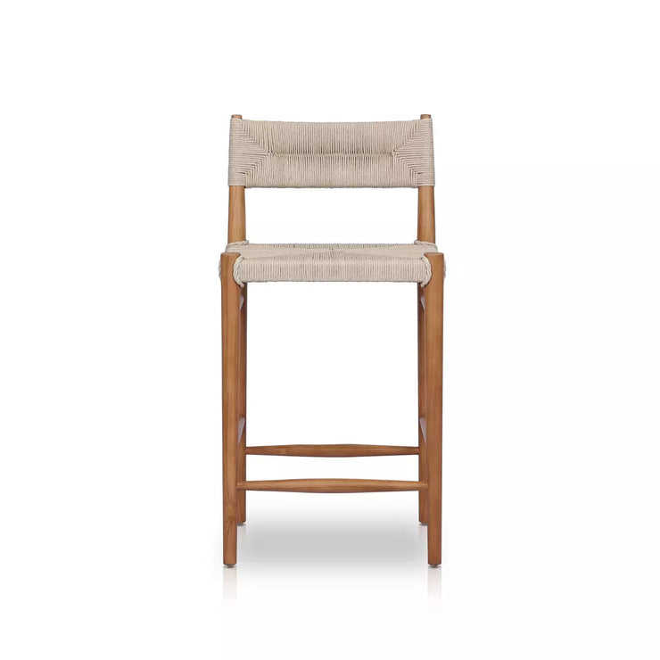 Four Hands Lomas Natural Teak Wood Outdoor Counter Stool ~ Vintage White All Weather Wicker