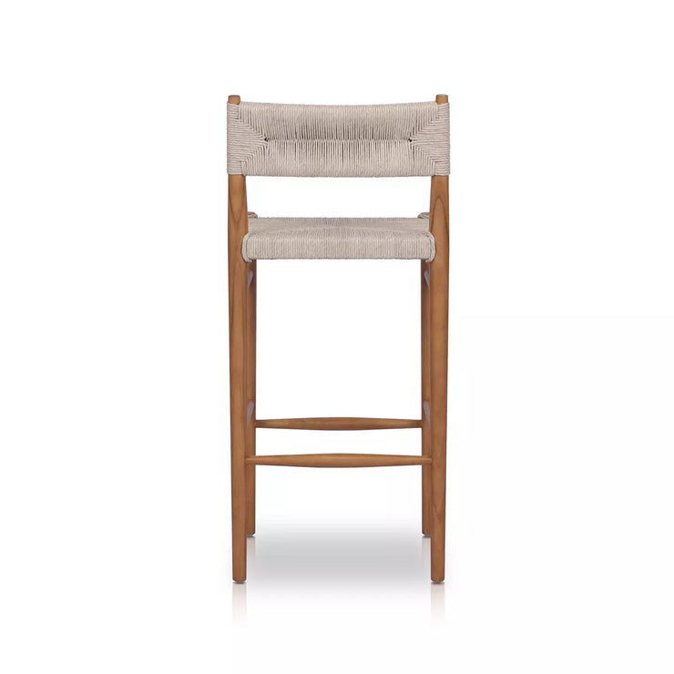 Four Hands Lomas Natural Teak Wood Outdoor Bar Stool ~ Vintage White All Weather Wicker