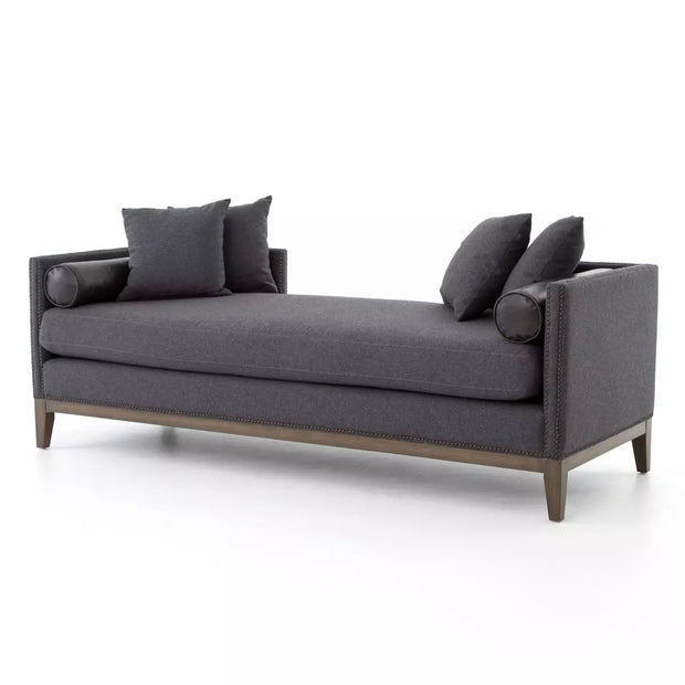 Four Hands Mercury Double Chaise ~ Charcoal Felt Upholstered Fabric With Leather Bolsters