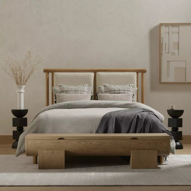 Four Hands Montana Whitewashed Oak Bed ~ Altro Snow Fabric Headboard King Size Bed