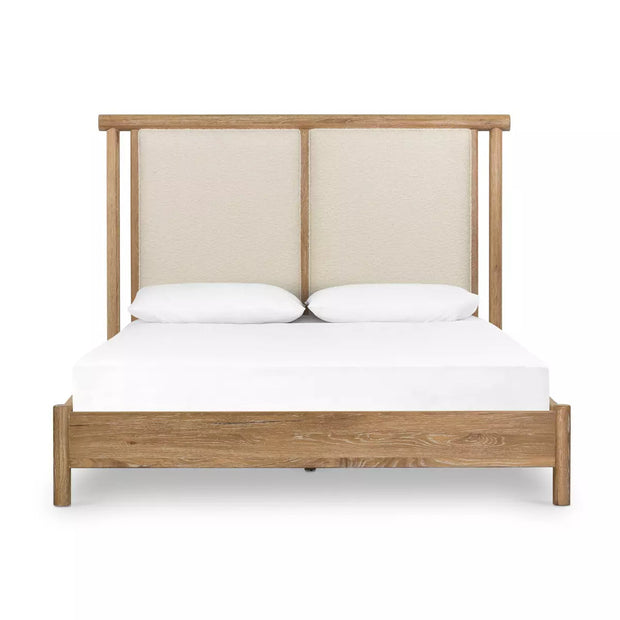 Four Hands Montana Whitewashed Oak Bed ~ Altro Snow Upholstered Fabric Headboard Queen Size Bed