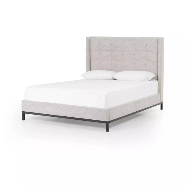 Four Hands Newhall Tufted Headboard Bed 55" ~ Plushtone Linen Upholstered Fabric King Size Bed