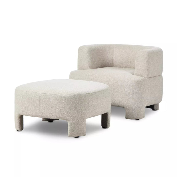 Four Hands Olvera Chair With Ottoman ~ Crete Pebble Upholstered Boucle Fabric