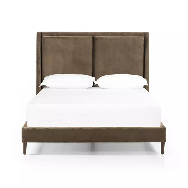 Four Hands Potter Upholstered Bed ~ Surrey Olive Velvet Queen Size Bed